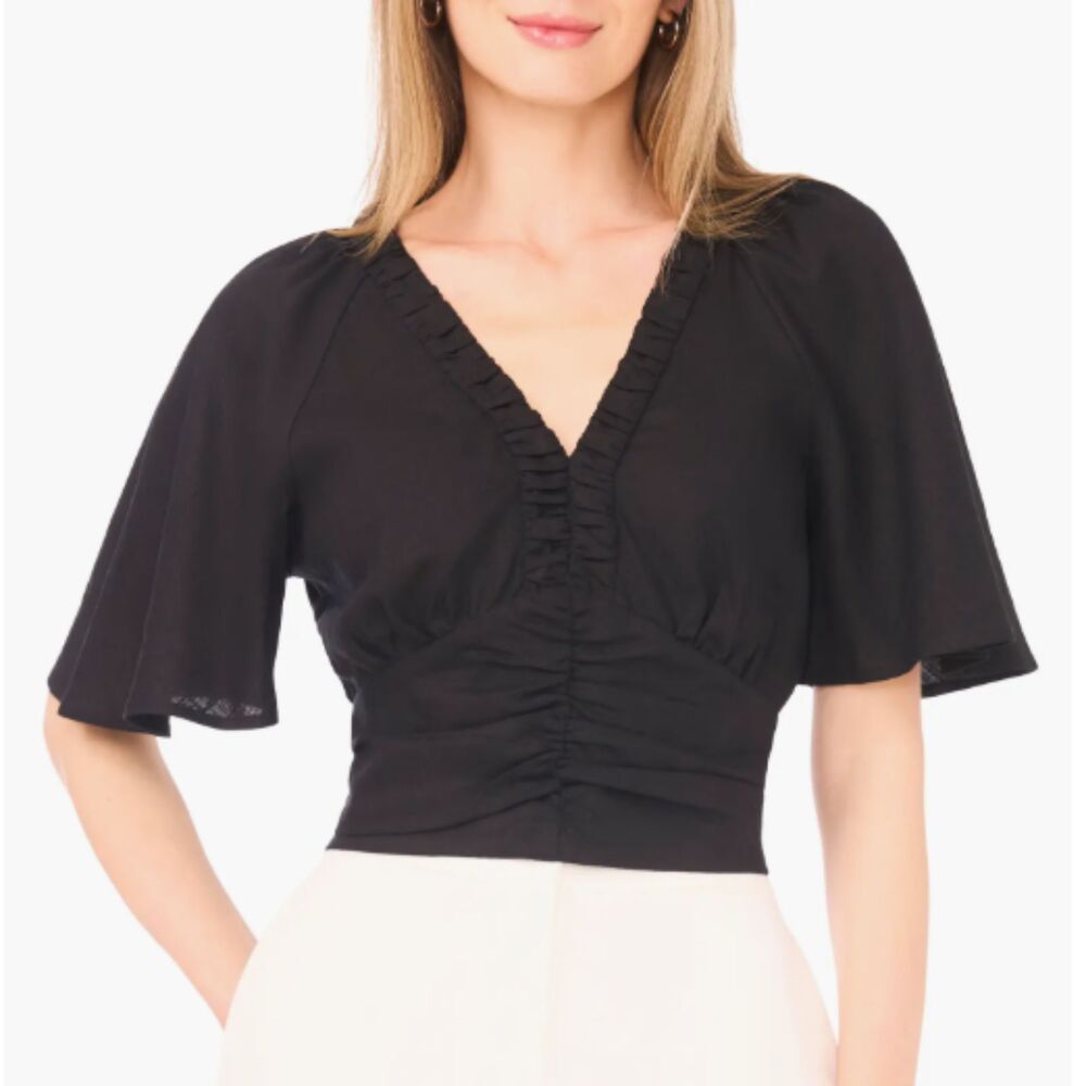 Parker Black Ruffle Top Linen Blend Flutter Sleeve Smocked Boho Size Small